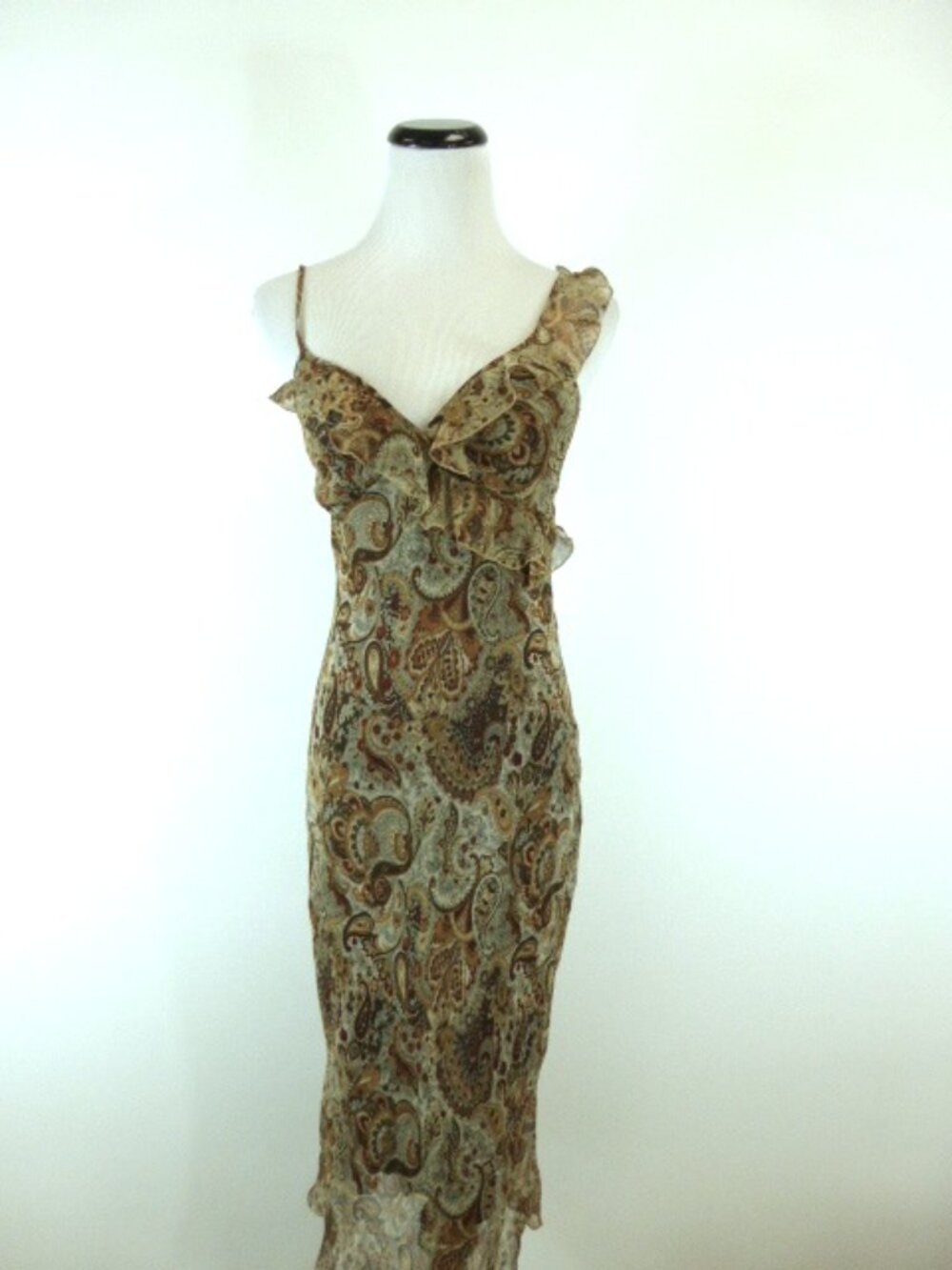 Bebe floral paisley gold brown burgundy red RUFFLES SILK slip DRESS M